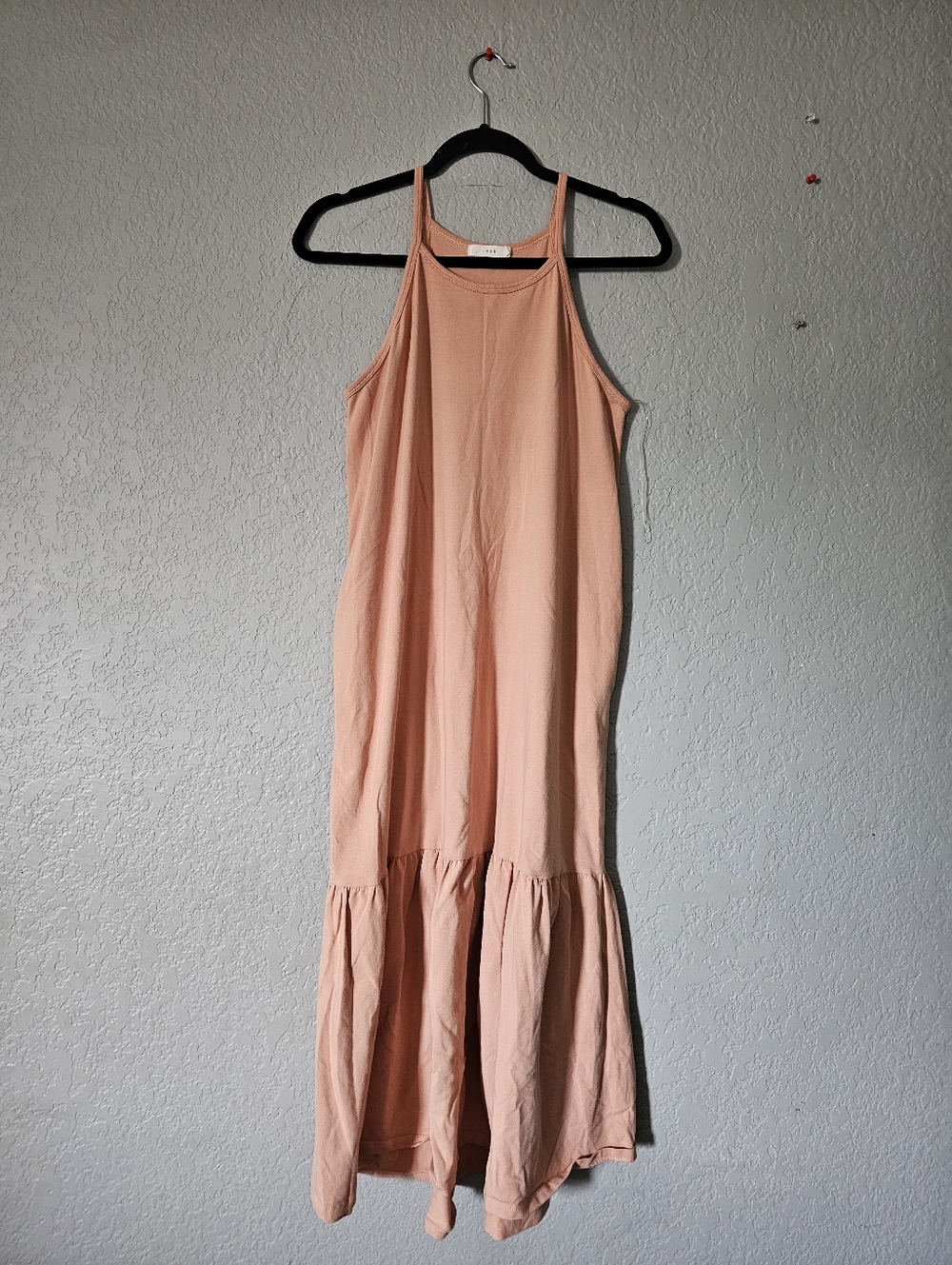 Lush Peach Sleeveless Halter Maxi Dress with Ruffle Hem